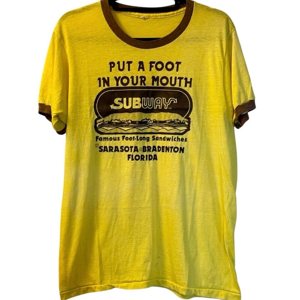 Vintage 70s Subway Put A Foot in Your Mouth Single Stitch Ringer Shirt Adult XL